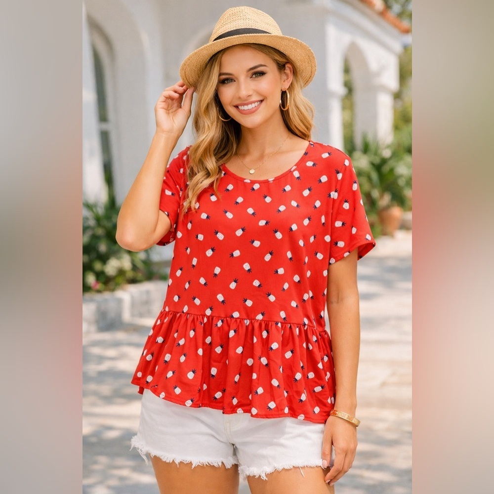 LES AMIS women red pineapple design summer casual super feminine blouse/size L